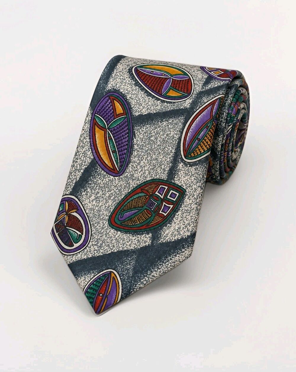 Vtg Italian Silk Necktie Gray Abstract Geometric Medallion Wide Tie Made In USA
